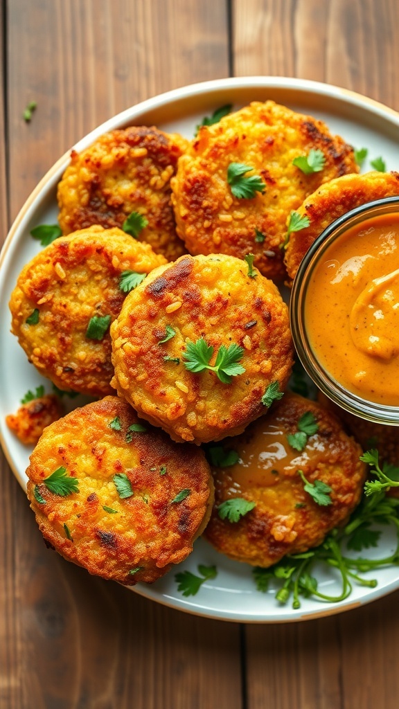 Crispy quinoa fritters on a plate with herbs and dipping sauce, on a rustic wooden table.